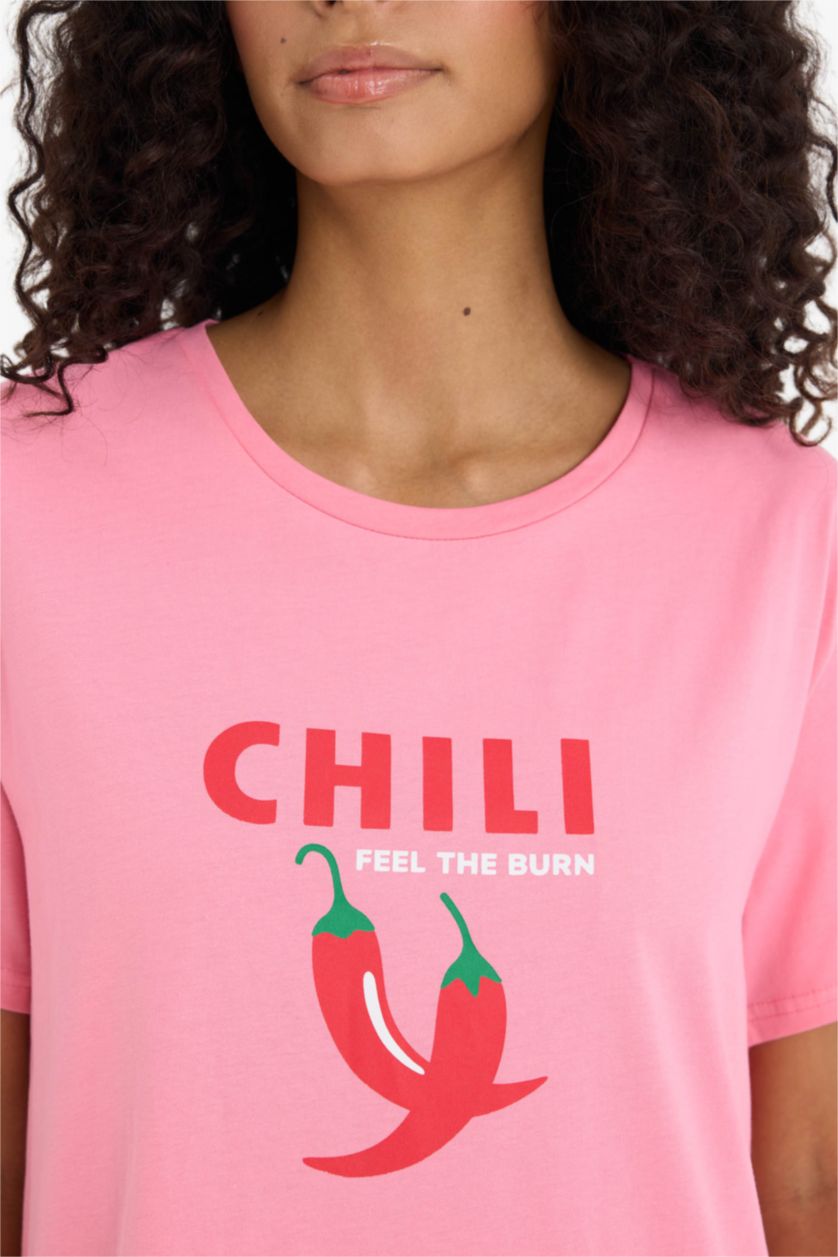 Kadın Pembe Regular Fit Bisiklet Yaka Baskılı Kısa Kollu Gecelik