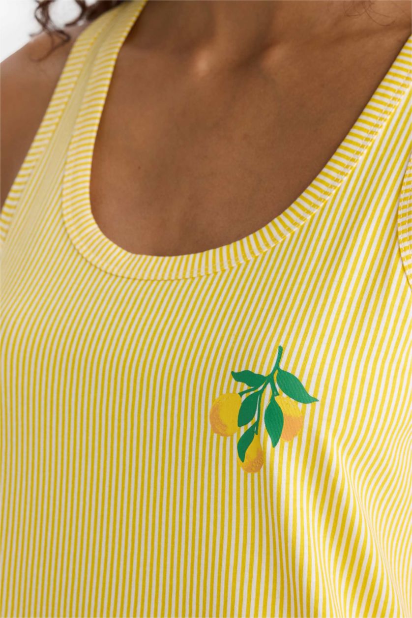 Kadın Sarı %100 Pamuk Regular Fıt U Yaka Baskılı Kolsuz Gecelik
