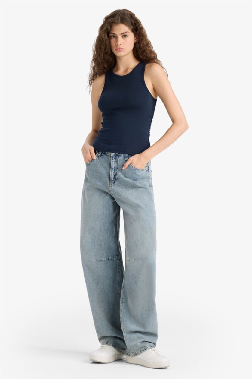 Kadın Lacivert Fitted Bisiklet Yaka Basic Düz Ribana Siyah Atlet