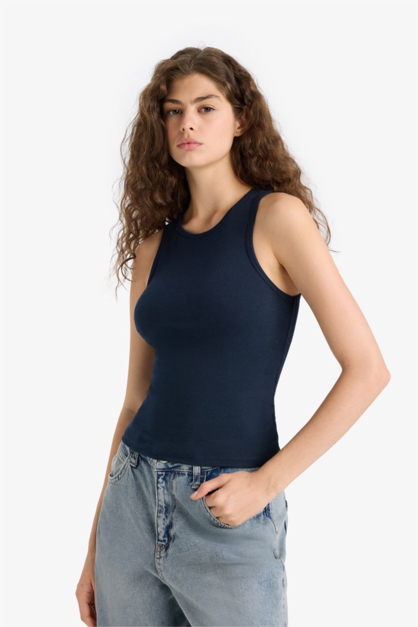 Kadın Lacivert Fitted Bisiklet Yaka Basic Düz Ribana Siyah Atlet