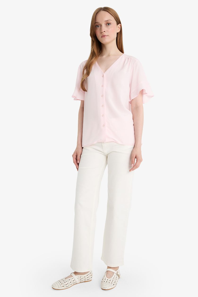 Kadın Pembe Regular Fıt V Yaka Kısa Kollu Gömlek