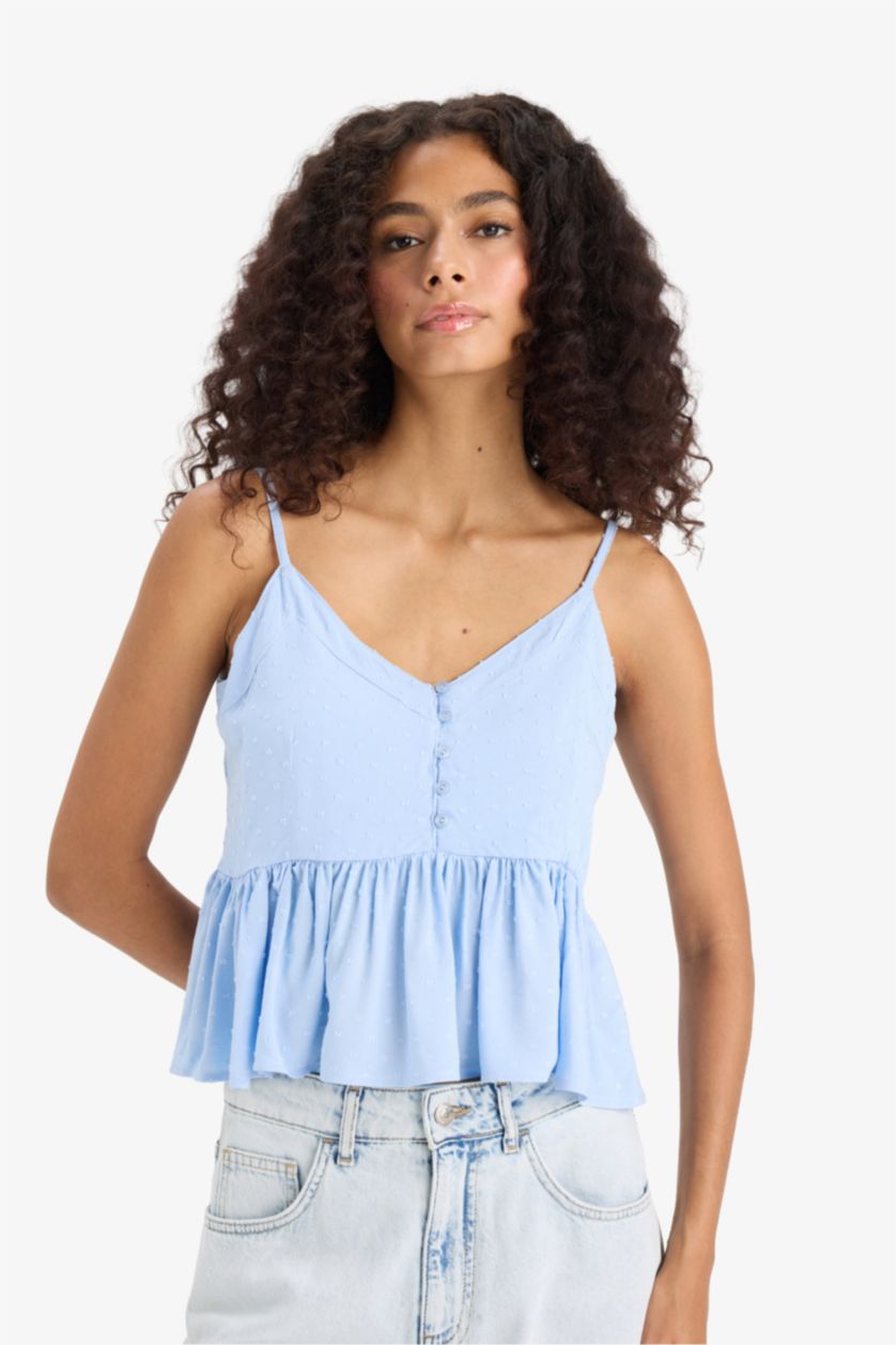 Kadın Açık Mavi Regular Fıt Viskon Kolsuz Bluz