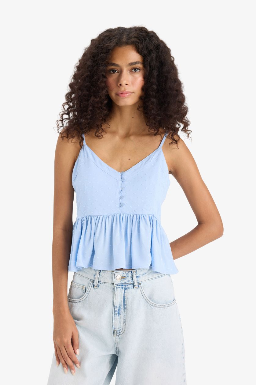 Kadın Açık Mavi Regular Fıt Viskon Kolsuz Bluz