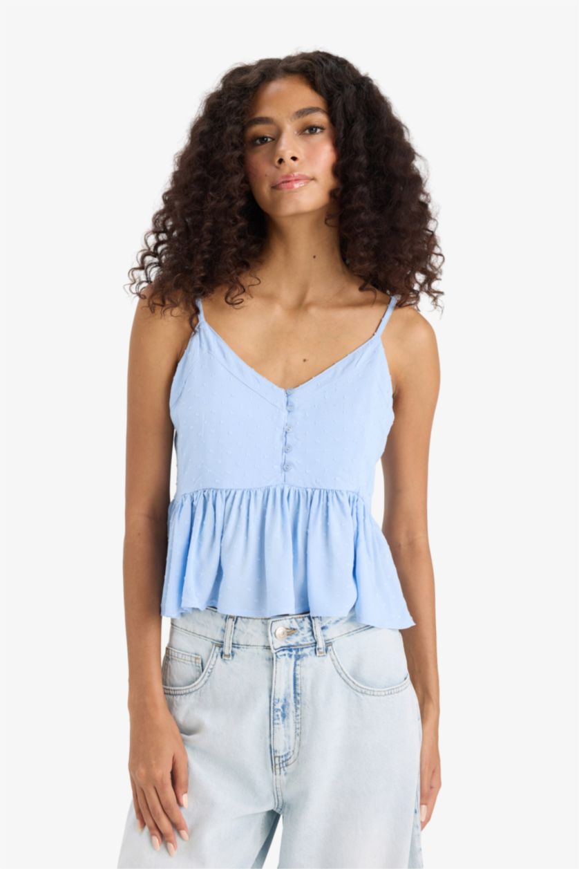 Kadın Açık Mavi Regular Fıt Viskon Kolsuz Bluz