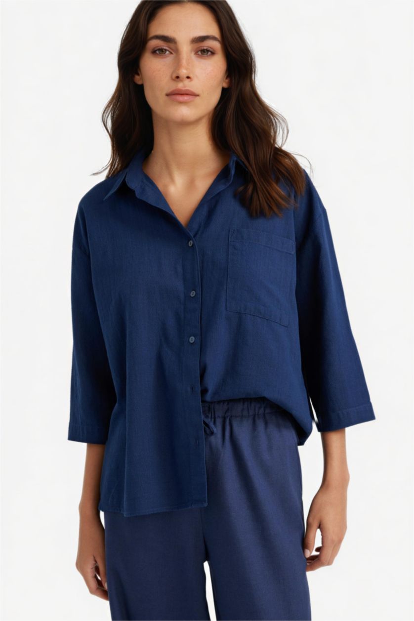 Kadın Lacivert Oversize Geniş Kalıp Pamuklu Kısa Kollu Gömlek