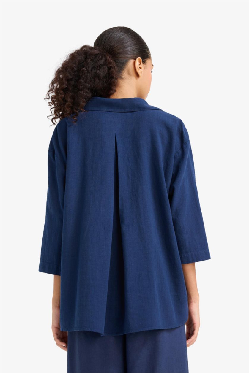 Kadın Lacivert Oversize Geniş Kalıp Pamuklu Kısa Kollu Gömlek