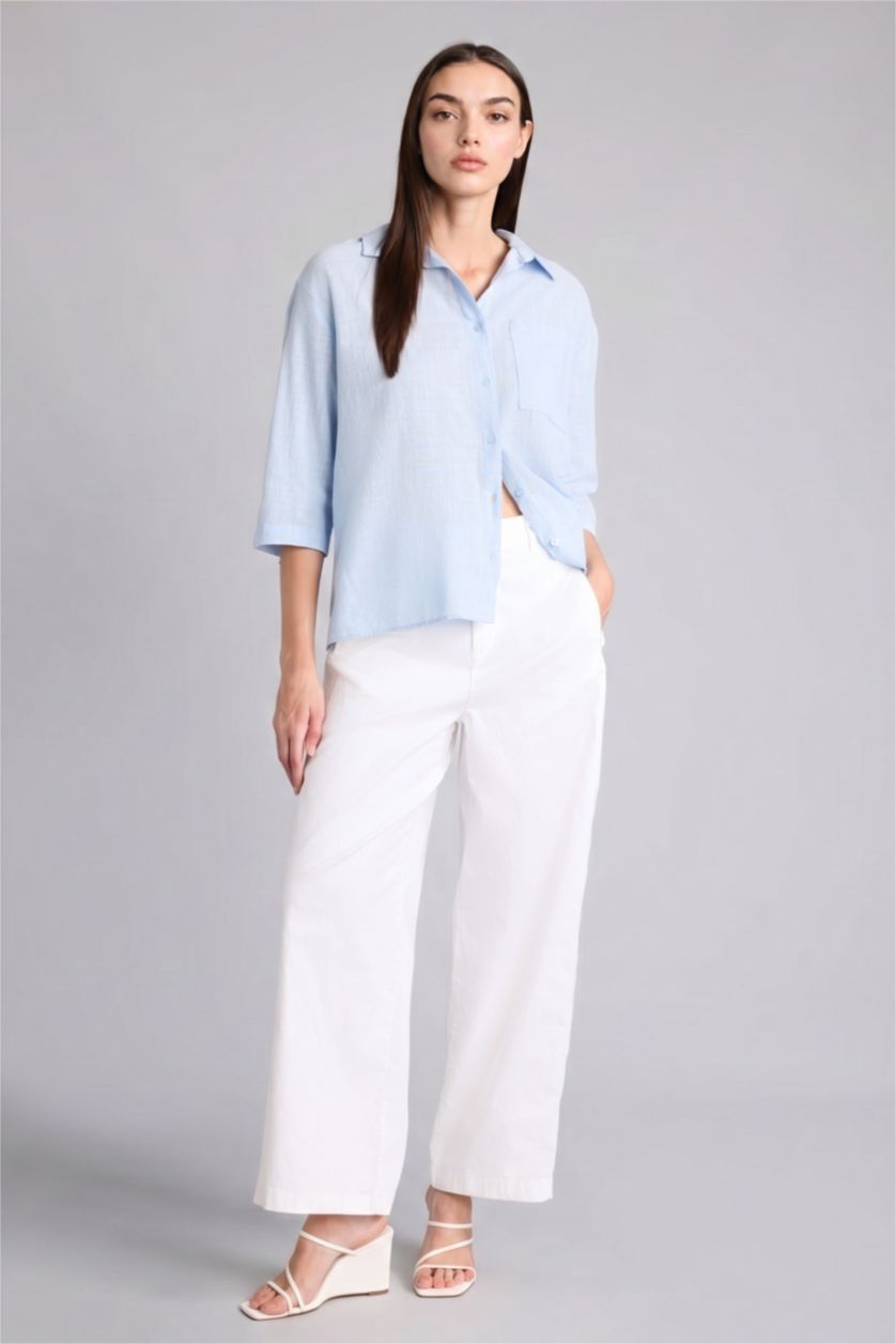Woman Light Blue Oversize Fit Cotton Short Sleeve Shirt