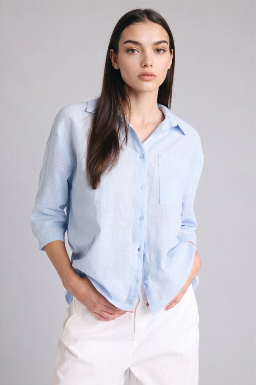 Woman Light Blue Oversize Fit Cotton Short Sleeve Shirt