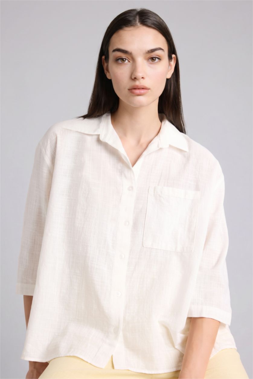 Kadın Kırık Beyaz Oversize Kısa kollu Pamuklu Gömlek