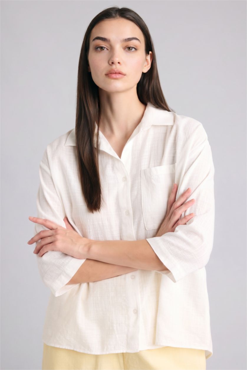 Kadın Kırık Beyaz Oversize Kısa kollu Pamuklu Gömlek