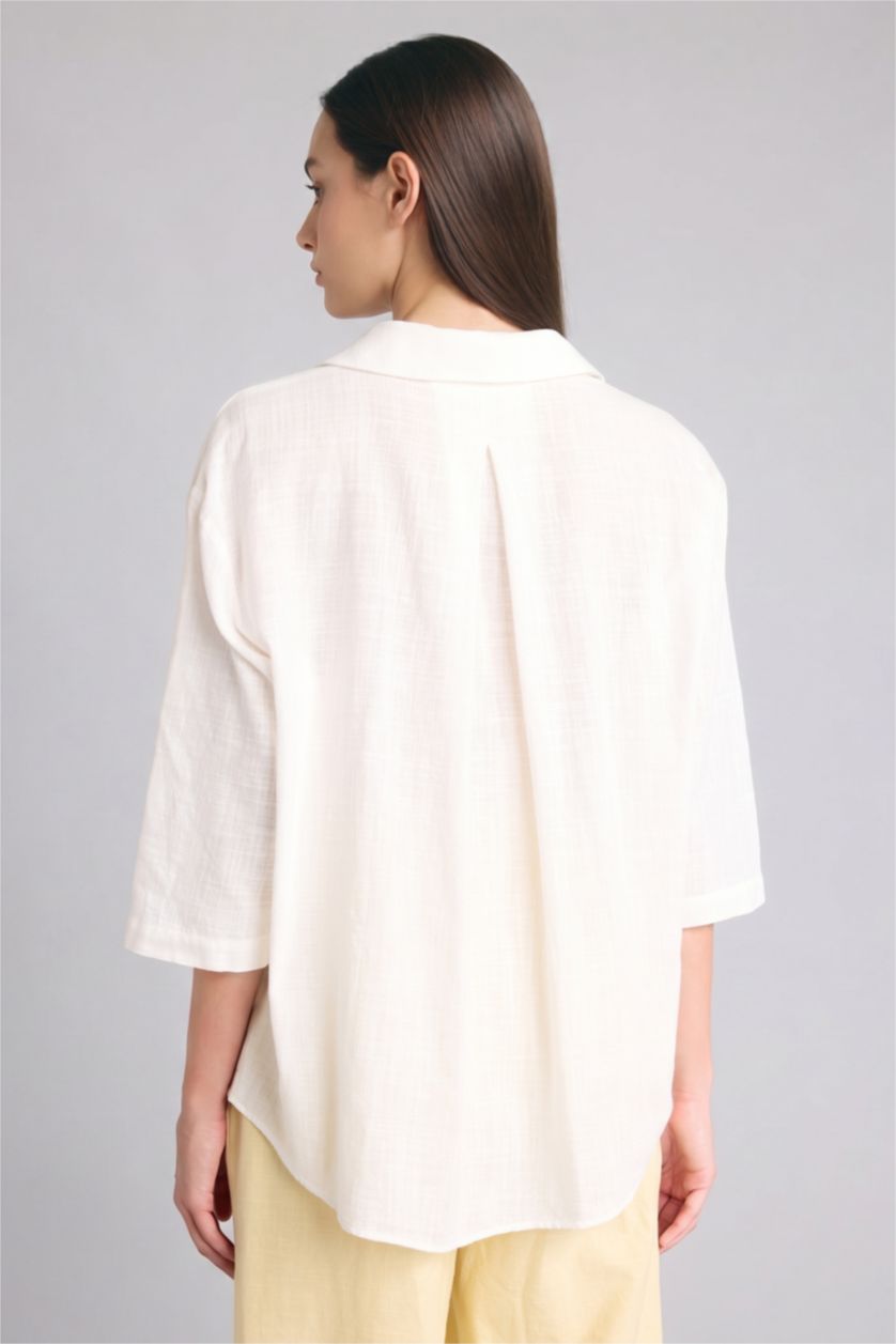 Kadın Kırık Beyaz Oversize Kısa kollu Pamuklu Gömlek