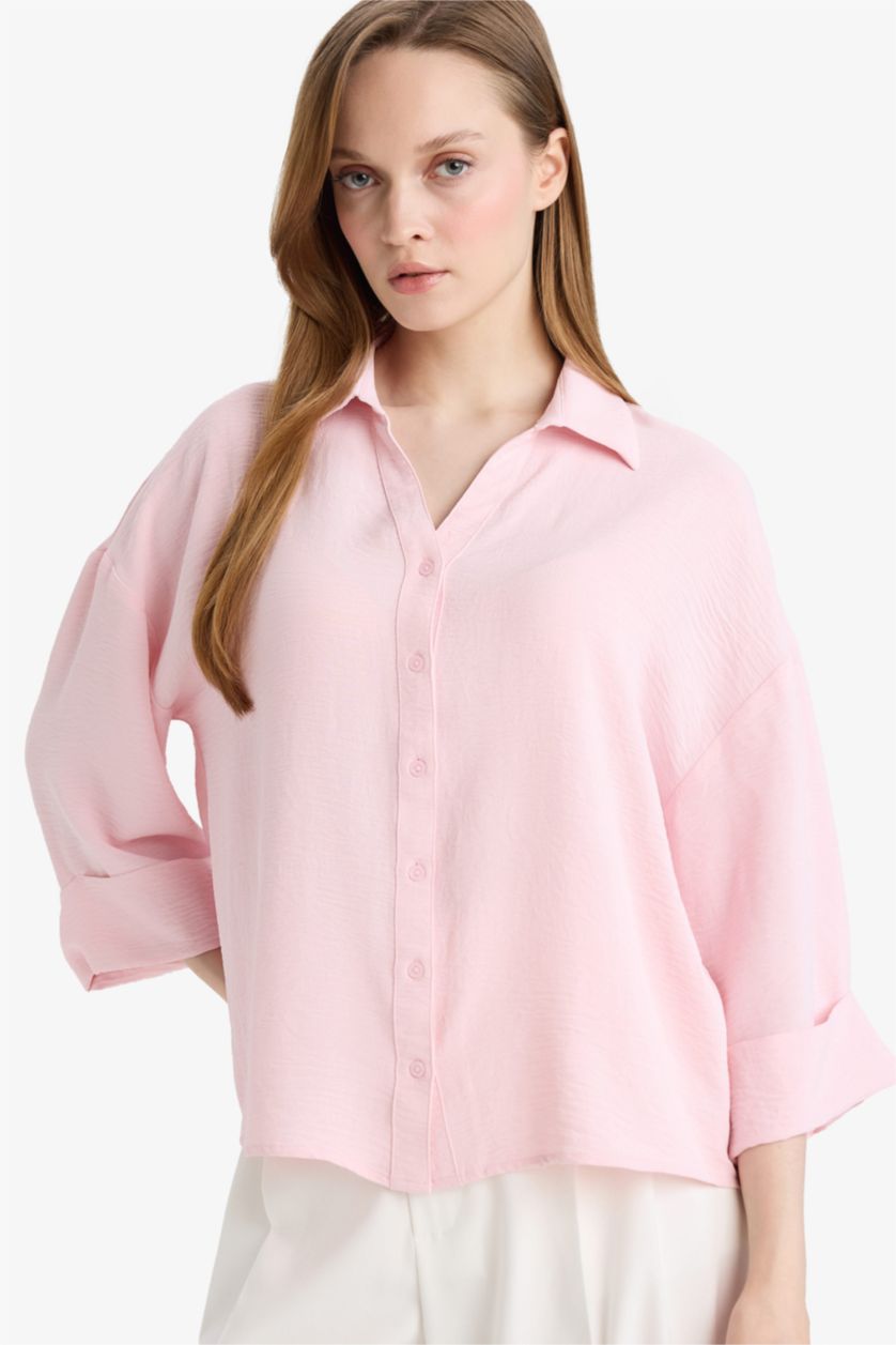 Женщины Светло-розовый Рубашка с длинным рукавом стандартного кроя для женщин
