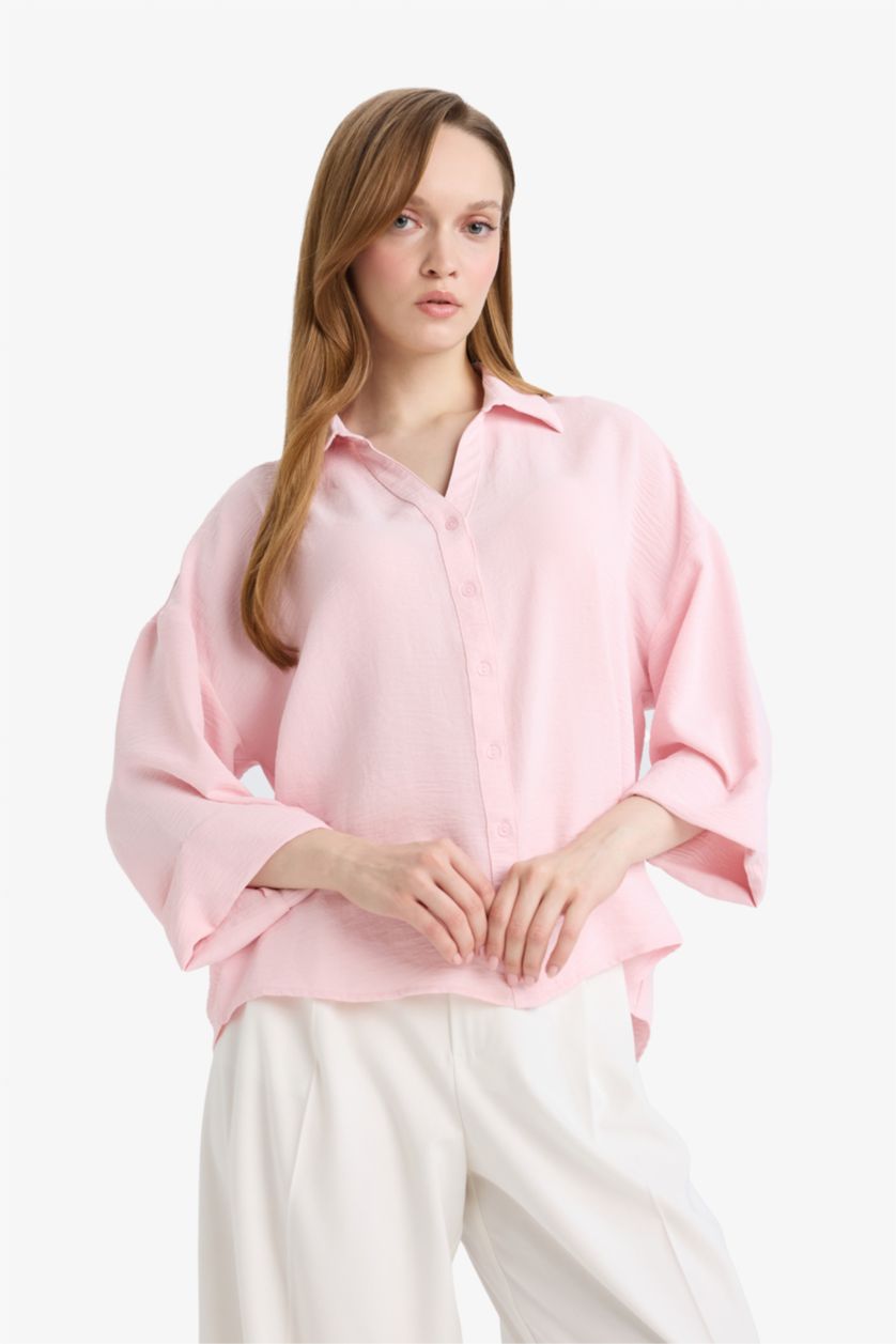 Женщины Светло-розовый Рубашка с длинным рукавом стандартного кроя для женщин