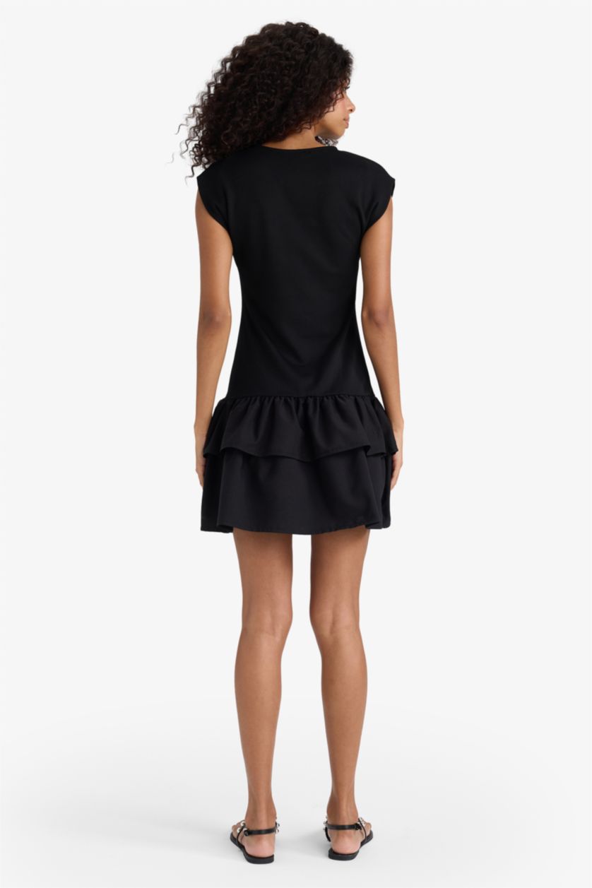 Kadın Siyah Bisiklet Yaka Kısa Kollu Mini Elbise