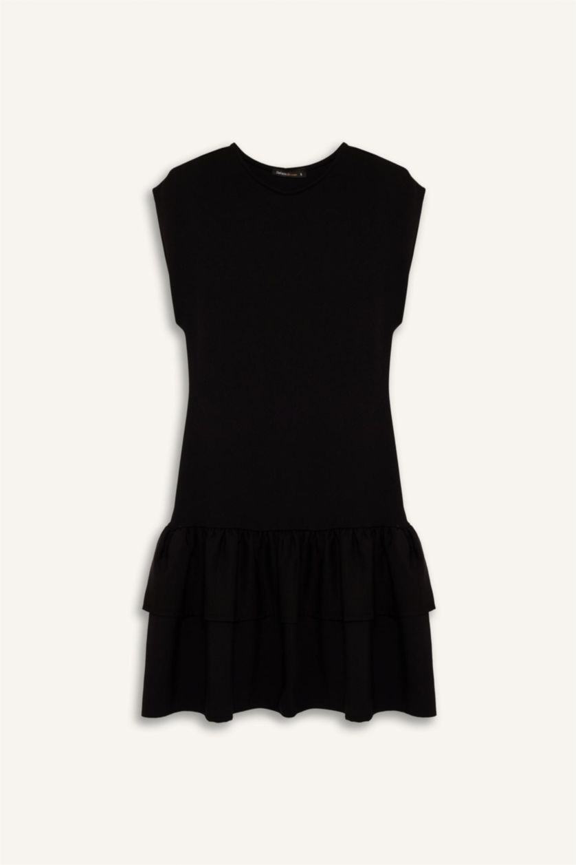 Kadın Siyah Bisiklet Yaka Kısa Kollu Mini Elbise