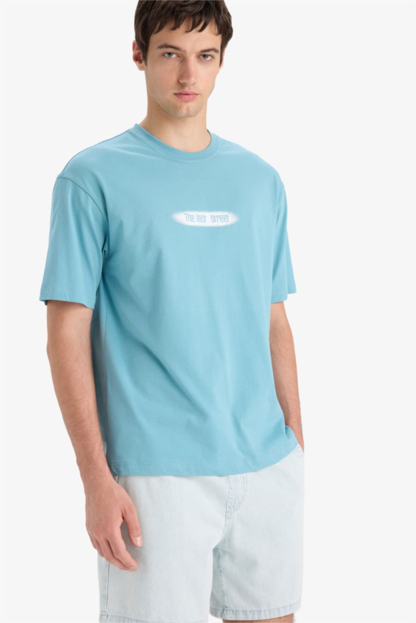 Erkek Yeşil %100 Pamuk Boxy Fit Bisiklet Yaka Baskılı Kısa Kollu Tişört