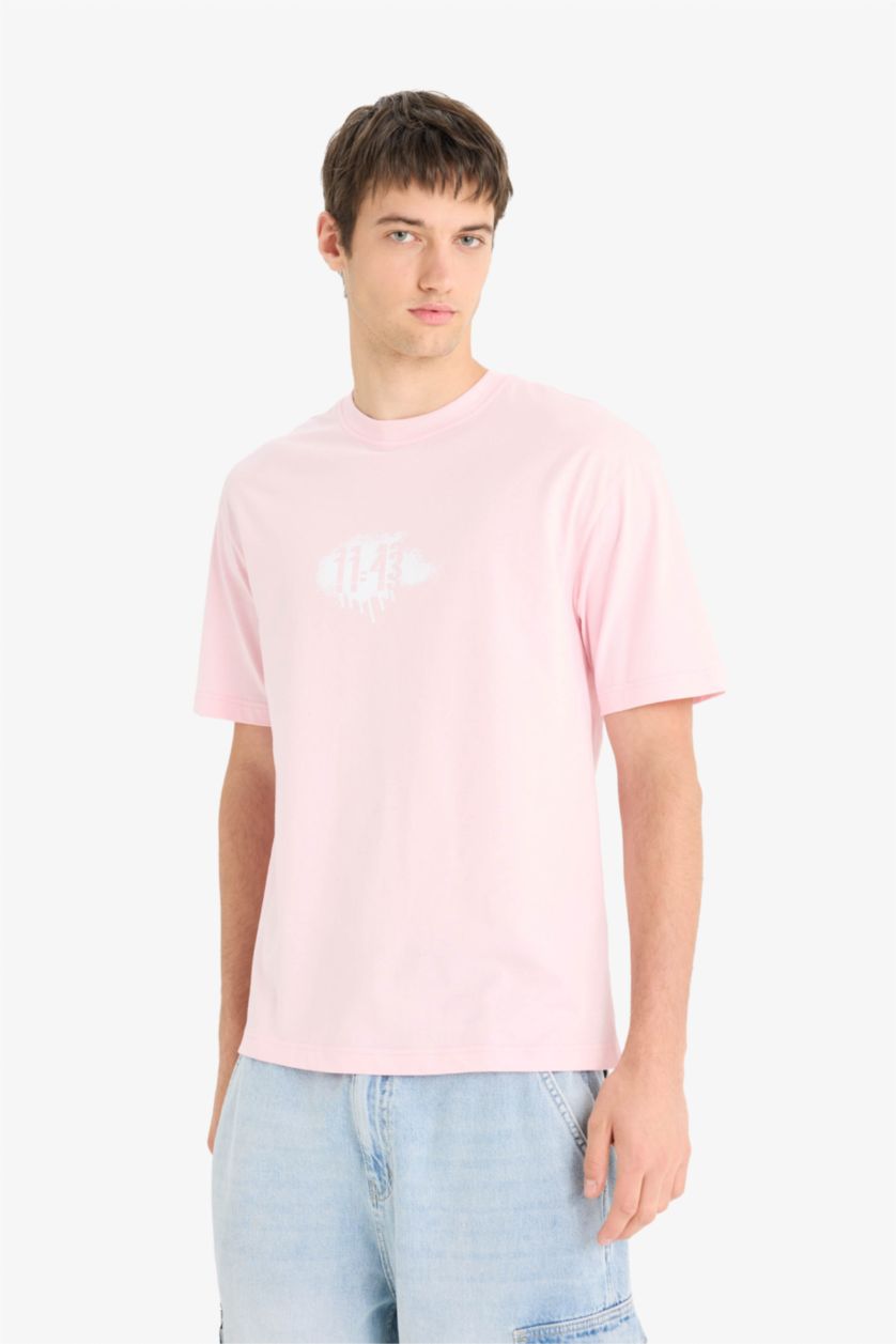 Erkek Pembe %100 Pamuk Boxy Fit Bisiklet Yaka Baskılı Kısa Kollu Tişört