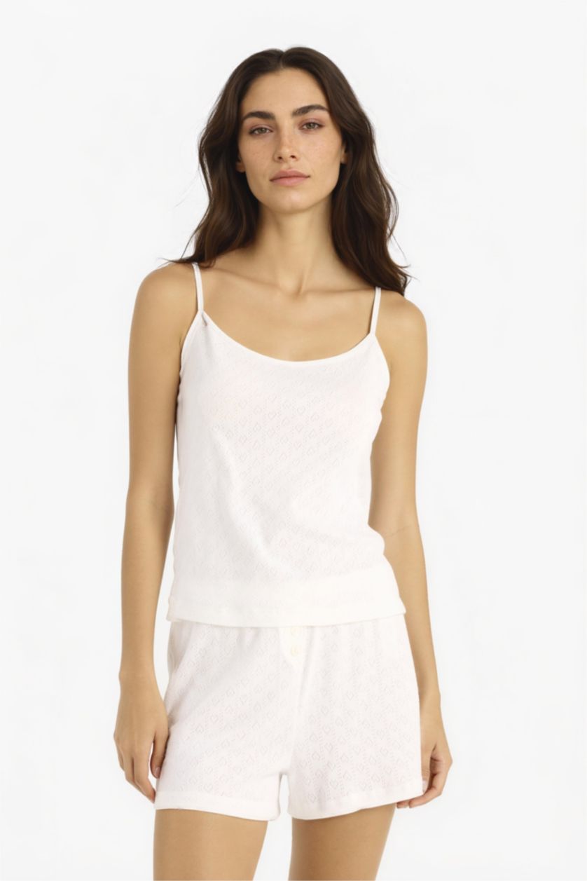 Kadın Ekru Regular Fit Pijama Takımı Askılı Üst Beli Lastikli Şort Alt