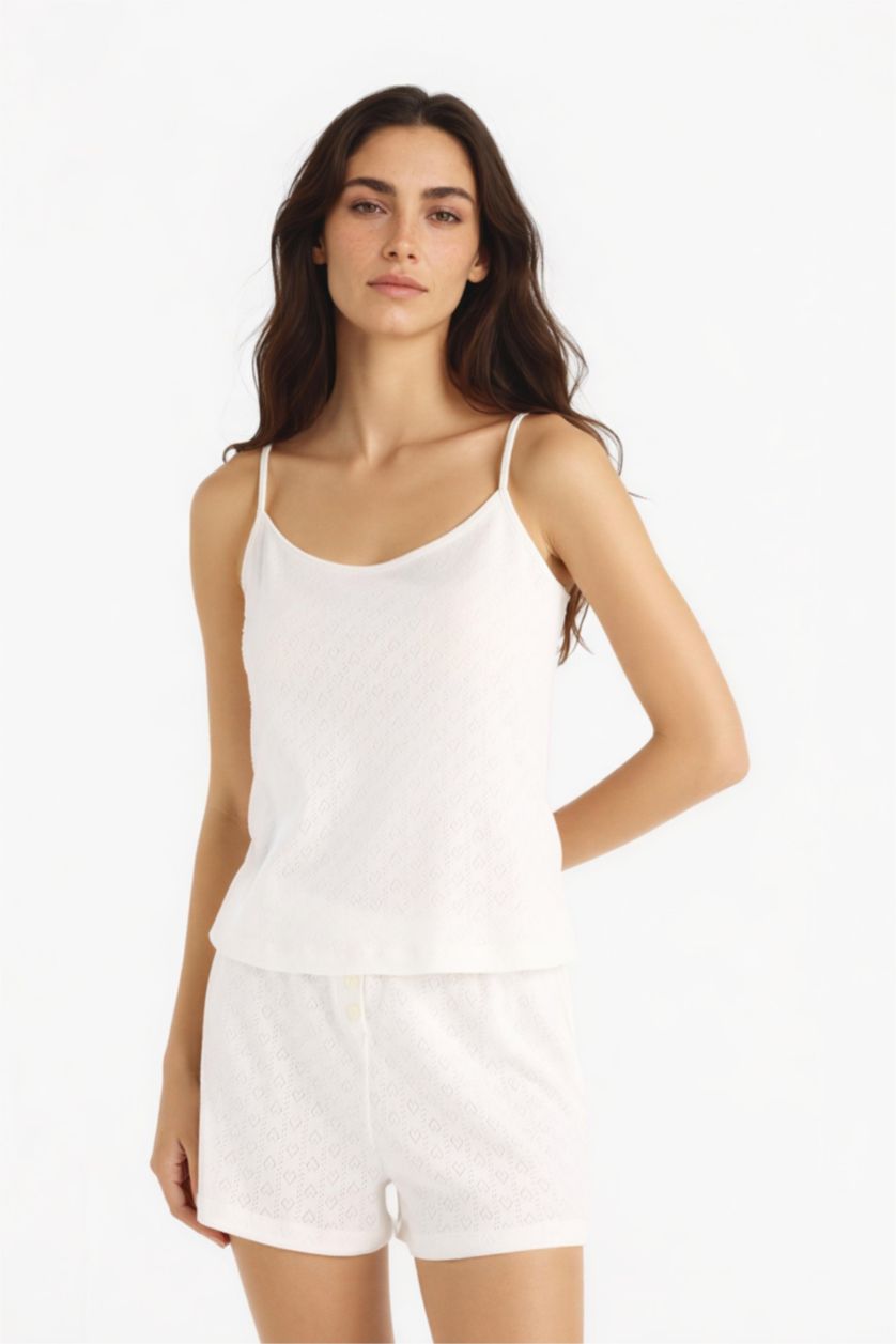 Kadın Ekru Regular Fit Pijama Takımı Askılı Üst Beli Lastikli Şort Alt