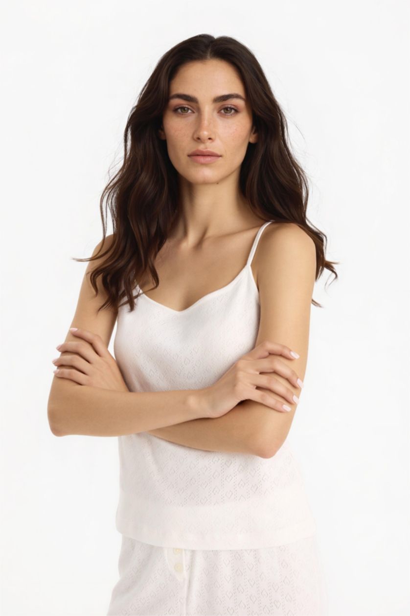 Kadın Ekru Regular Fit Pijama Takımı Askılı Üst Beli Lastikli Şort Alt