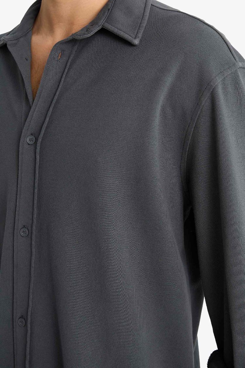 Erkek Antrasit Regular Fıt Penye Uzun Kollu Gömlek