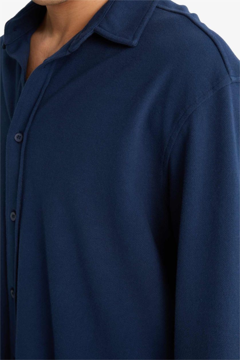 Erkek Lacivert Regular Fıt Penye Uzun Kollu Gömlek