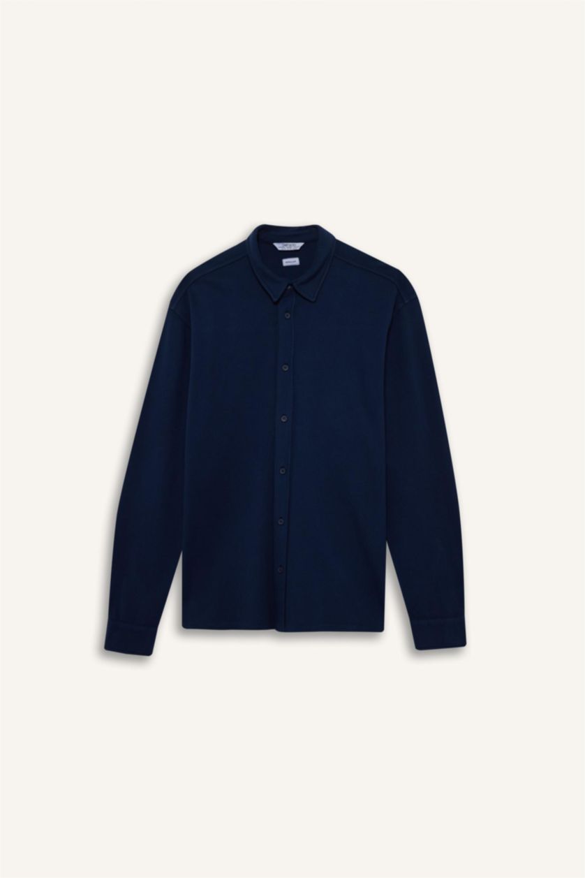 Erkek Lacivert Regular Fıt Penye Uzun Kollu Gömlek