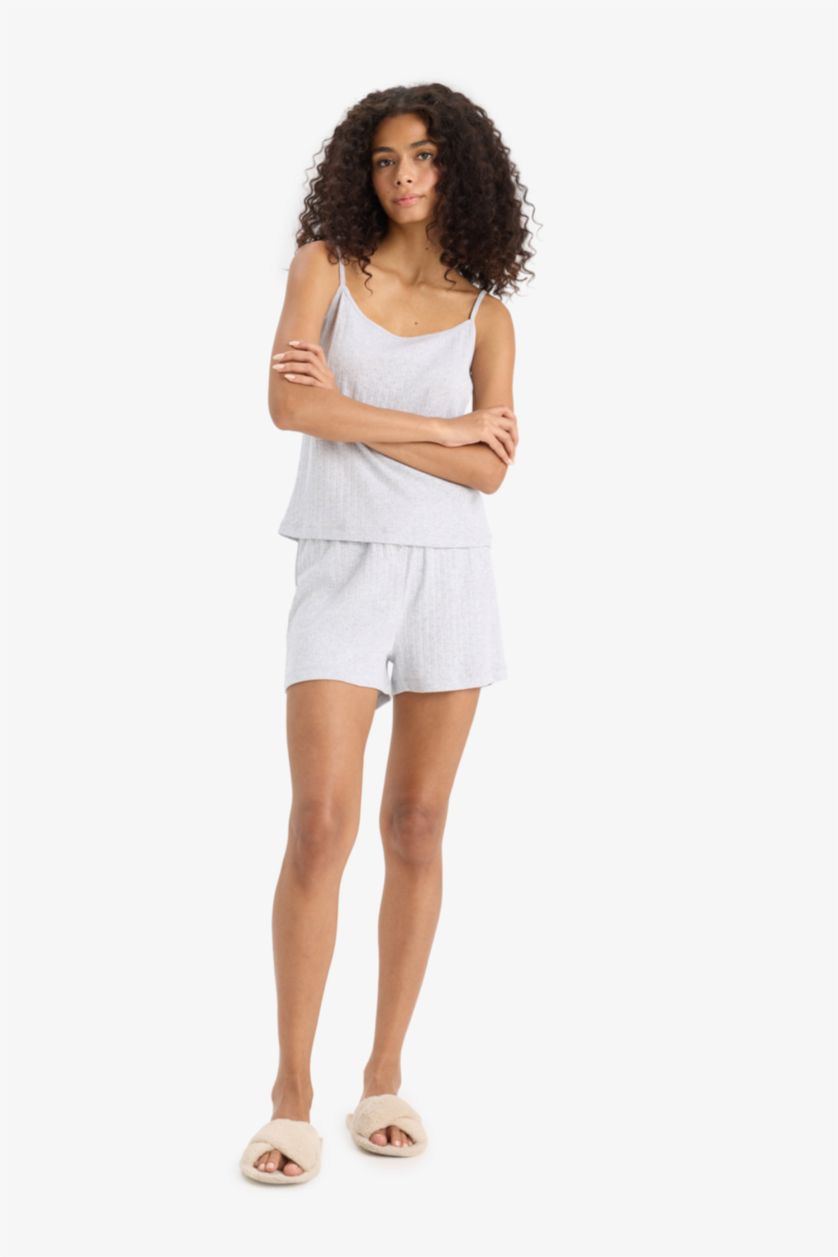 Kadın Gri Melanj Regular Fit Pijama Takımı Askılı Üst Beli Lastikli Şort-Fall in Love