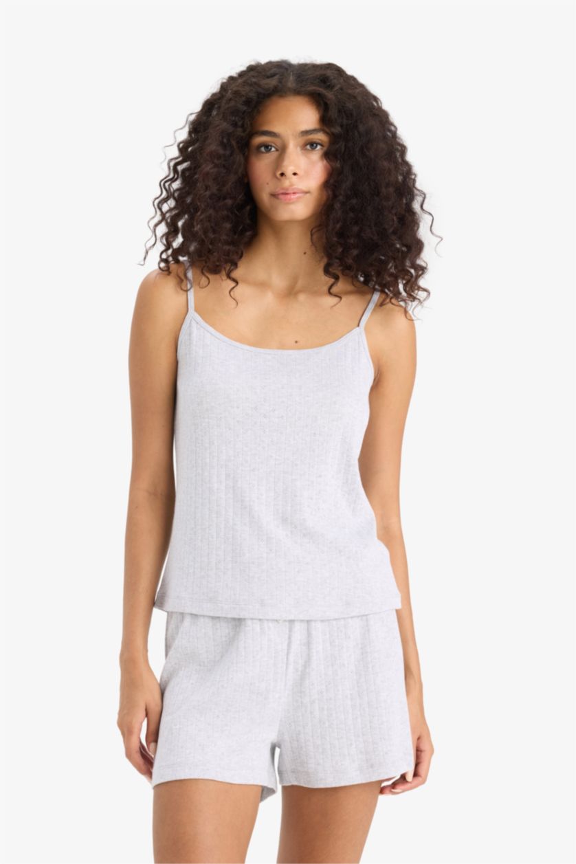 Kadın Gri Melanj Regular Fit Pijama Takımı Askılı Üst Beli Lastikli Şort-Fall in Love