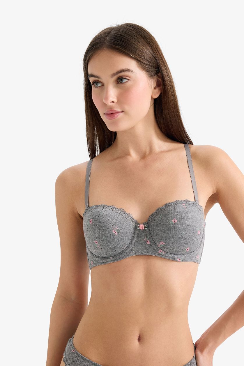 Kadın Gri Melanj Dantel Detaylı Kaplı Pedsiz Balenli Balkonet Sütyen