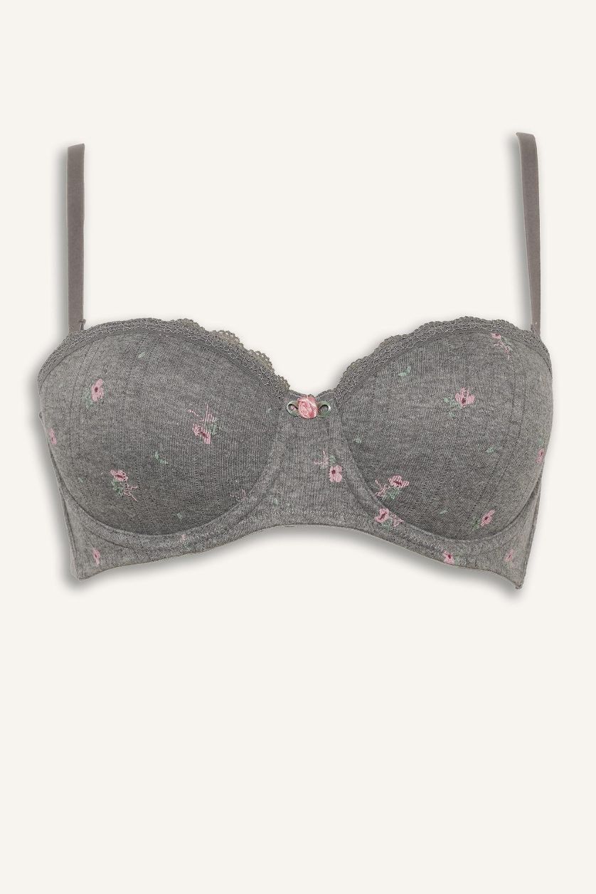 Kadın Gri Melanj Dantel Detaylı Kaplı Pedsiz Balenli Balkonet Sütyen