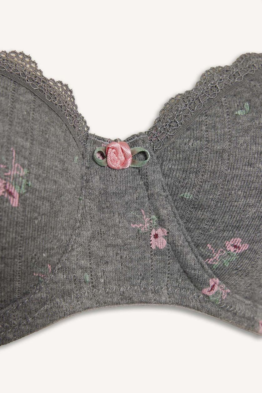 Kadın Gri Melanj Dantel Detaylı Kaplı Pedsiz Balenli Balkonet Sütyen