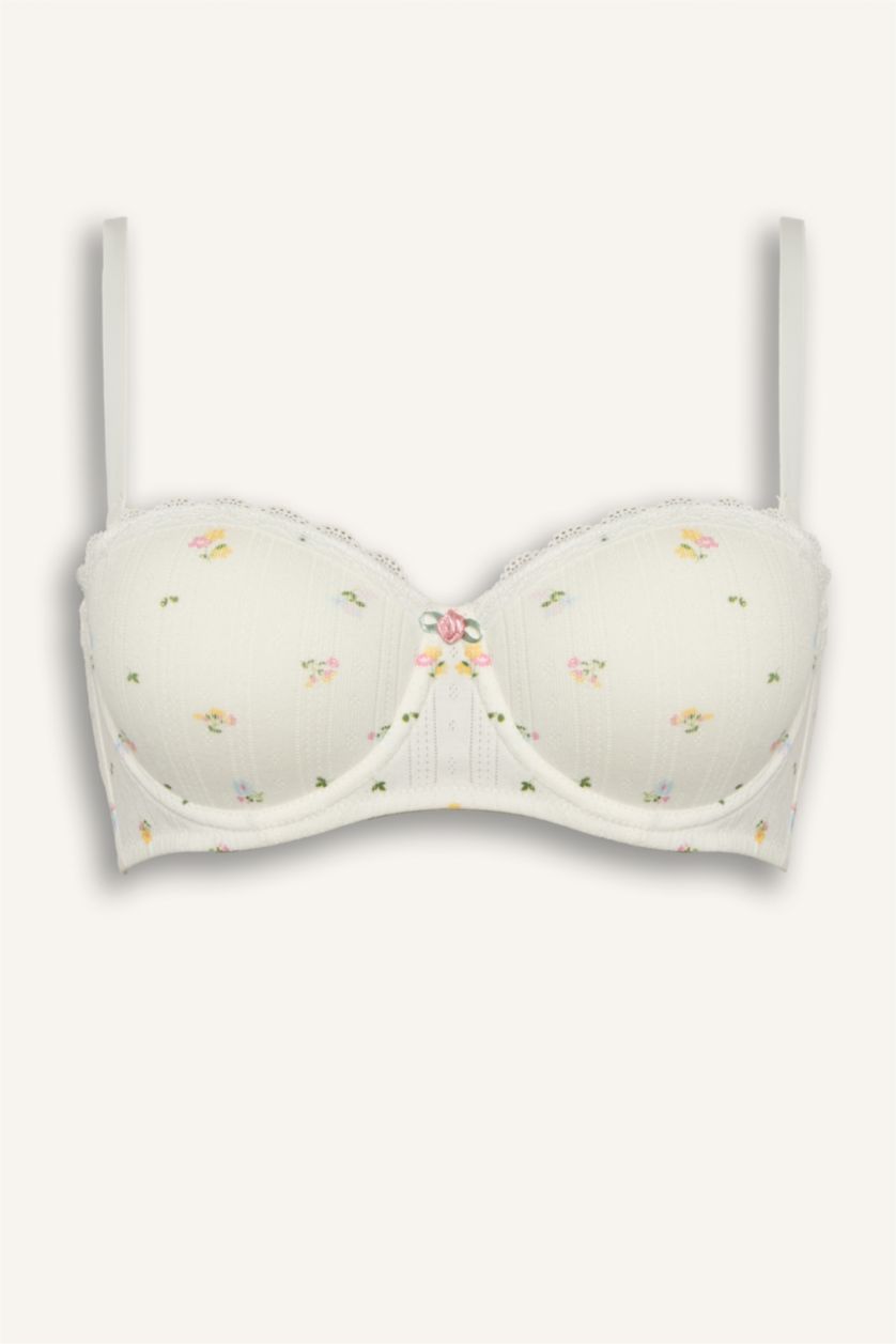 Kadın Kırık Beyaz Dantel Detaylı Kaplı Pedsiz Balenli Balkonet Sütyen