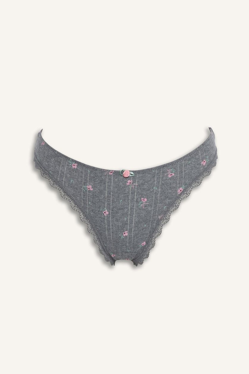 WOMAN Grey Melange Floral Lace Detail Brazilian Panty
