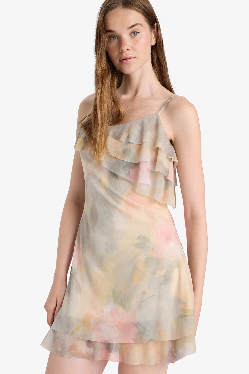 Kadın Açık Yeşil Fırfırlı Yaka Çiçek Desenli Tül Askılı Mini Elbise