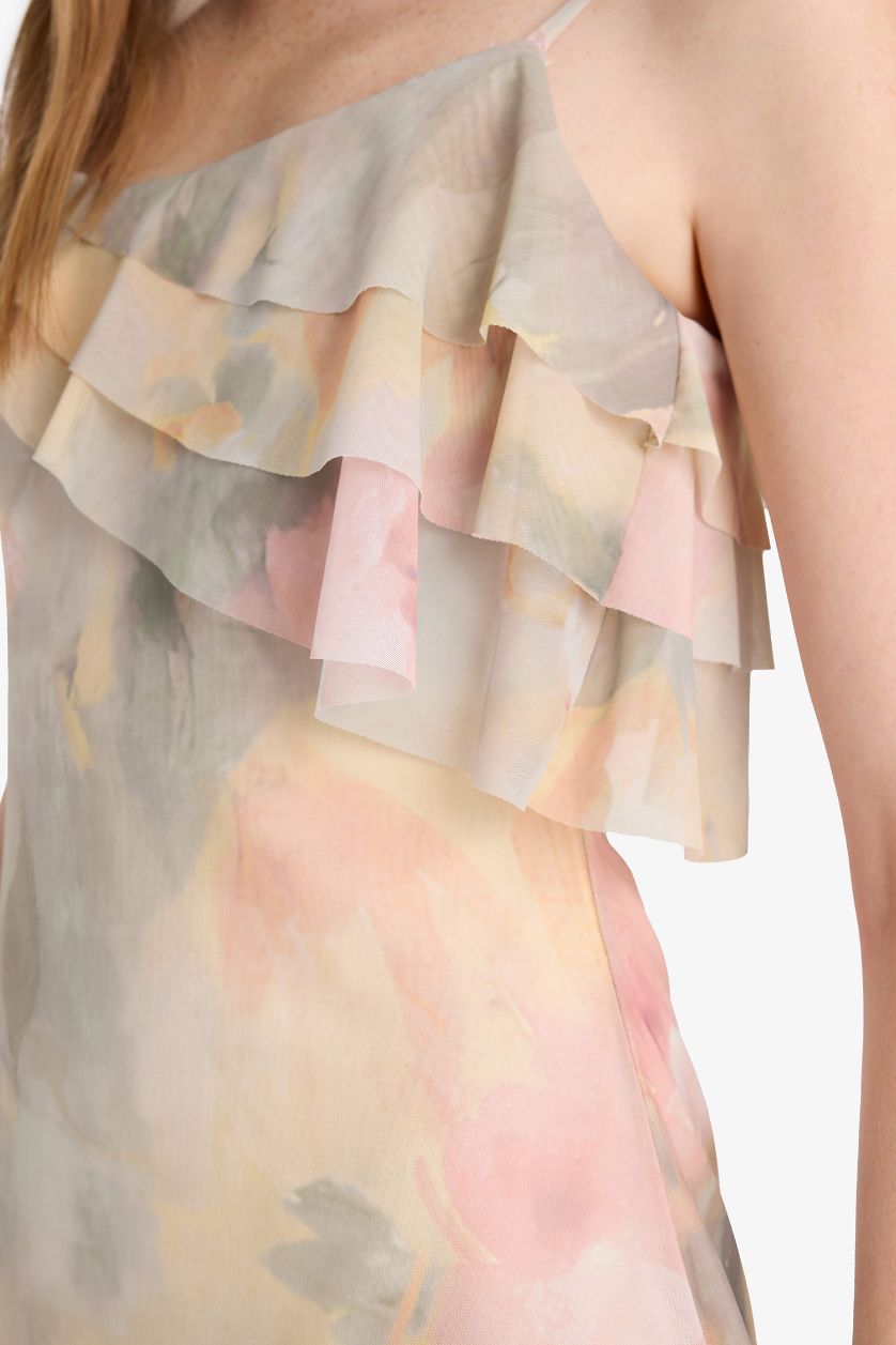 Kadın Açık Yeşil Fırfırlı Yaka Çiçek Desenli Tül Askılı Mini Elbise