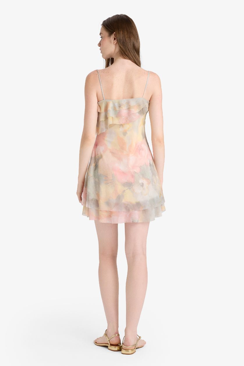 Kadın Açık Yeşil Fırfırlı Yaka Çiçek Desenli Tül Askılı Mini Elbise