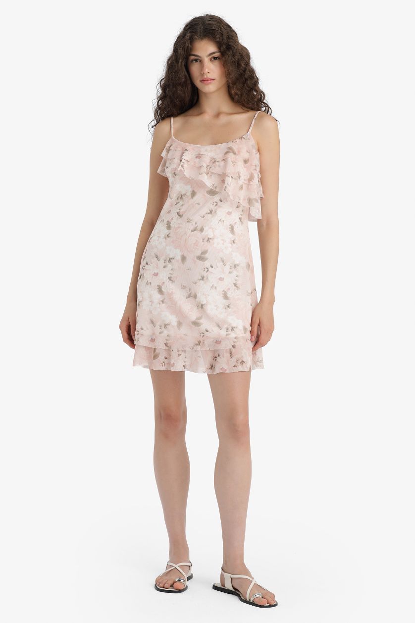 WOMAN Rose Ruffle Collar Floral Patterned Tulle Strappy Mini Dress