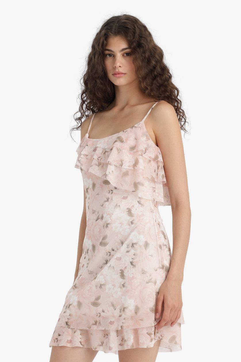 WOMAN Rose Ruffle Collar Floral Patterned Tulle Strappy Mini Dress