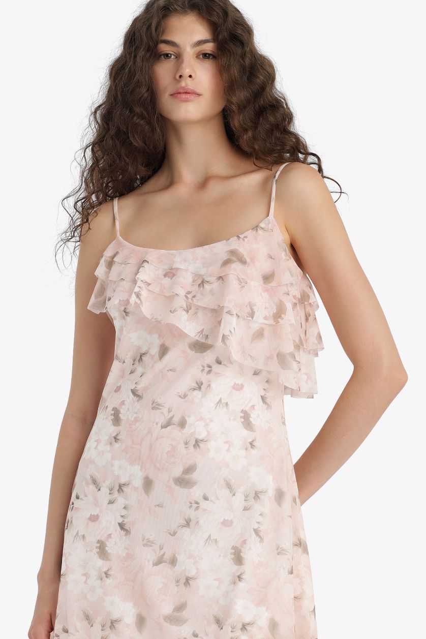 WOMAN Rose Ruffle Collar Floral Patterned Tulle Strappy Mini Dress