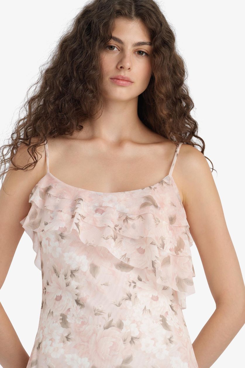 WOMAN Rose Ruffle Collar Floral Patterned Tulle Strappy Mini Dress