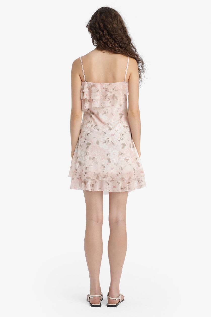 WOMAN Rose Ruffle Collar Floral Patterned Tulle Strappy Mini Dress