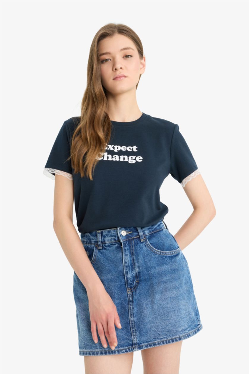 Woman NAVY Fitted Printed Ribbed Short Sleeve T-Shirt