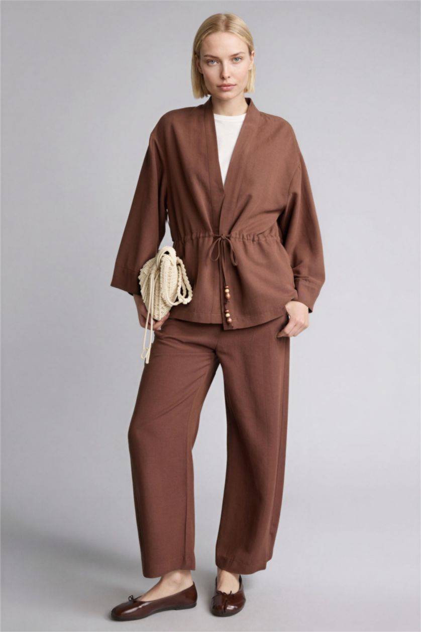 Kadın Kahve Relaxed Fit Keten Gömlek