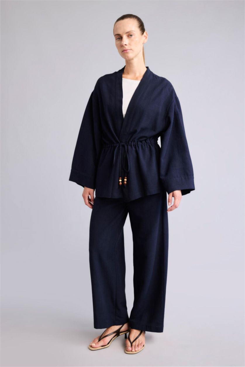 Women NAVY Relax Fit Linen Blended Long Sleeve Shirt