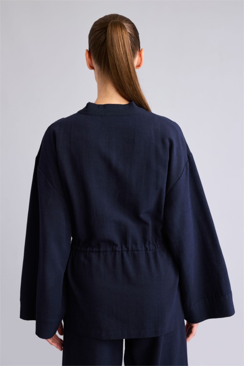 Women NAVY Relax Fit Linen Blended Long Sleeve Shirt