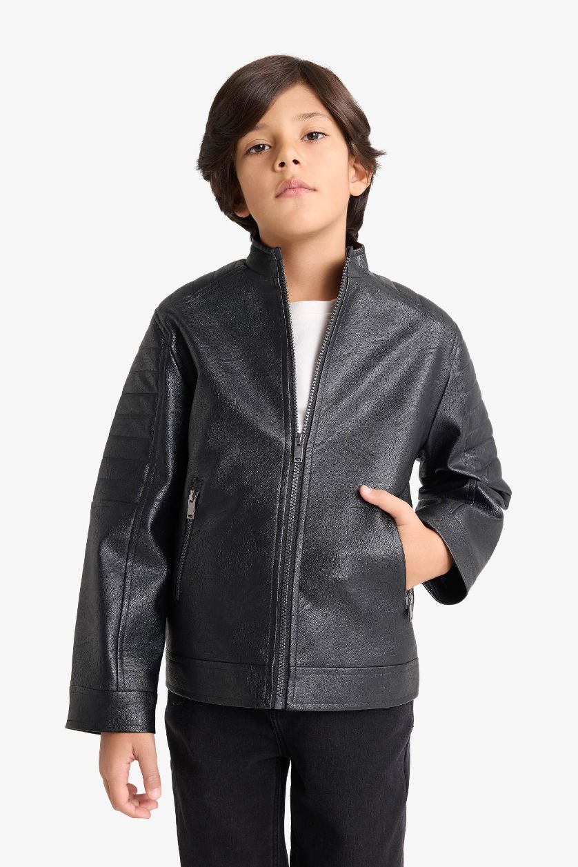 BOYS & TEENS Black Boy Waterproof Mandarin Collar Jacket