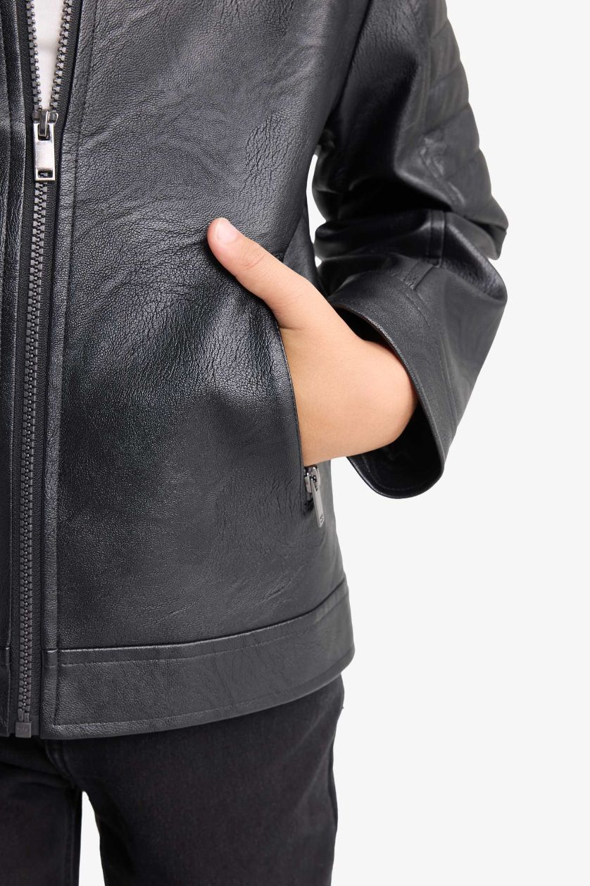 BOYS & TEENS Black Boy Waterproof Mandarin Collar Jacket