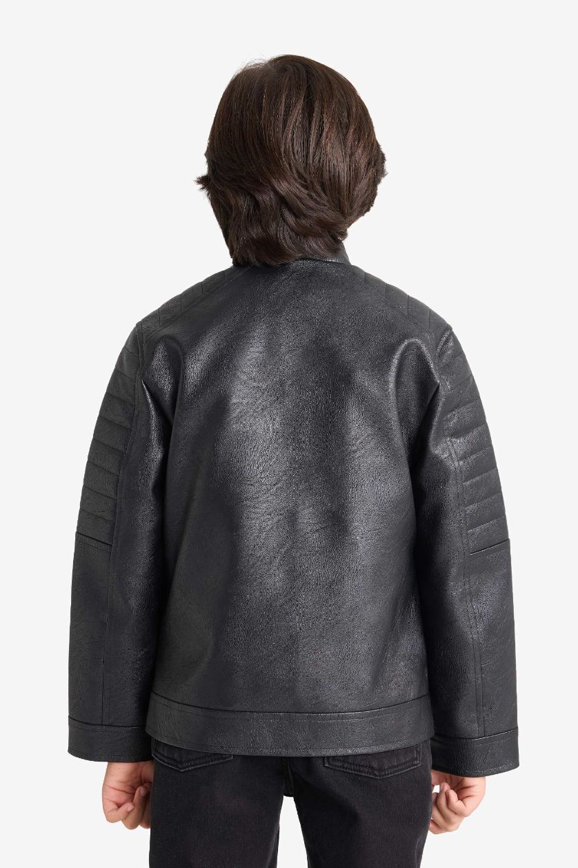 BOYS & TEENS Black Boy Waterproof Mandarin Collar Jacket