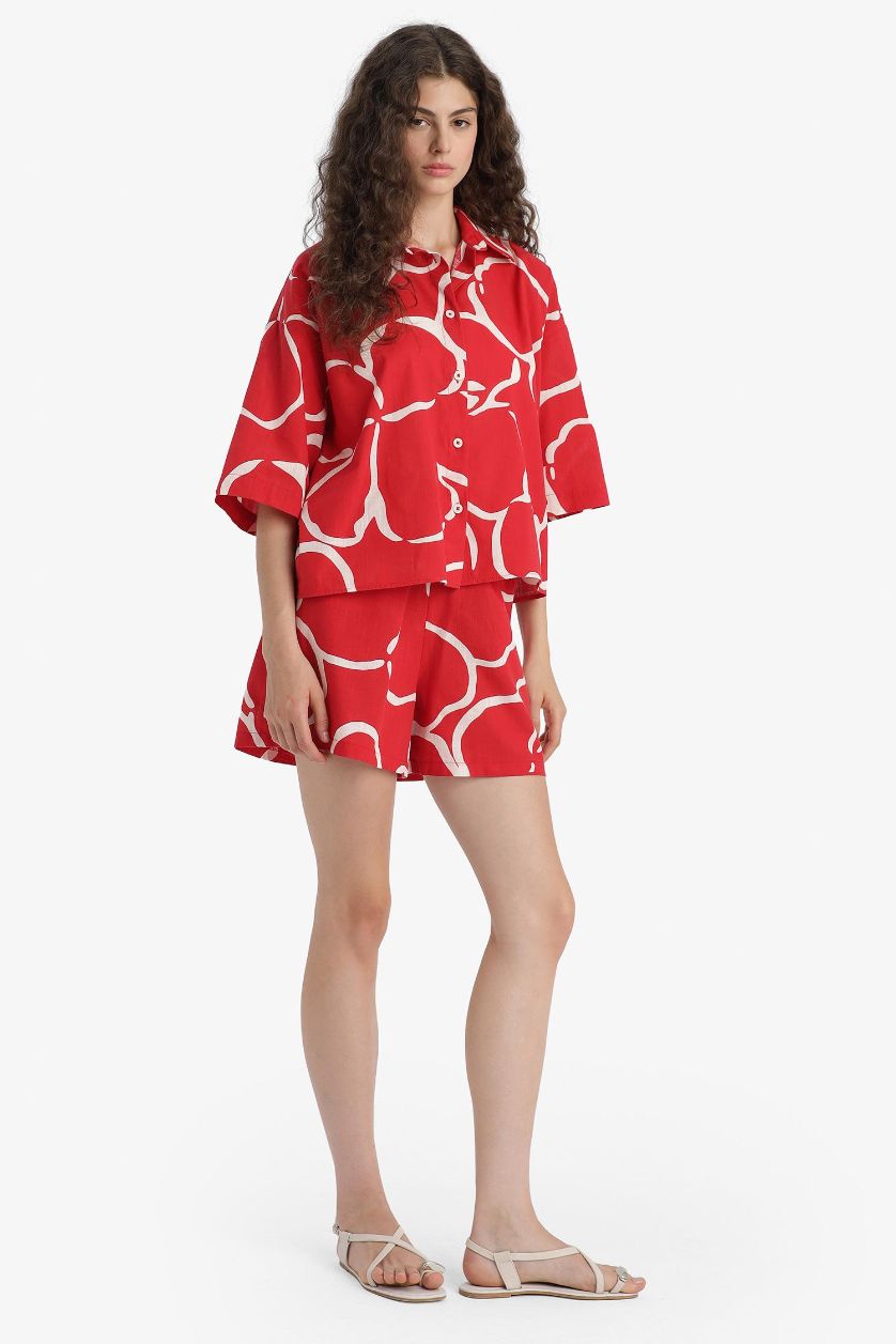 WOMAN Red Normal Waist Patterned Short Leg Cotton Shorts